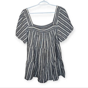 Terra & Sky Black and White Striped Square Neck Peasant Blouse